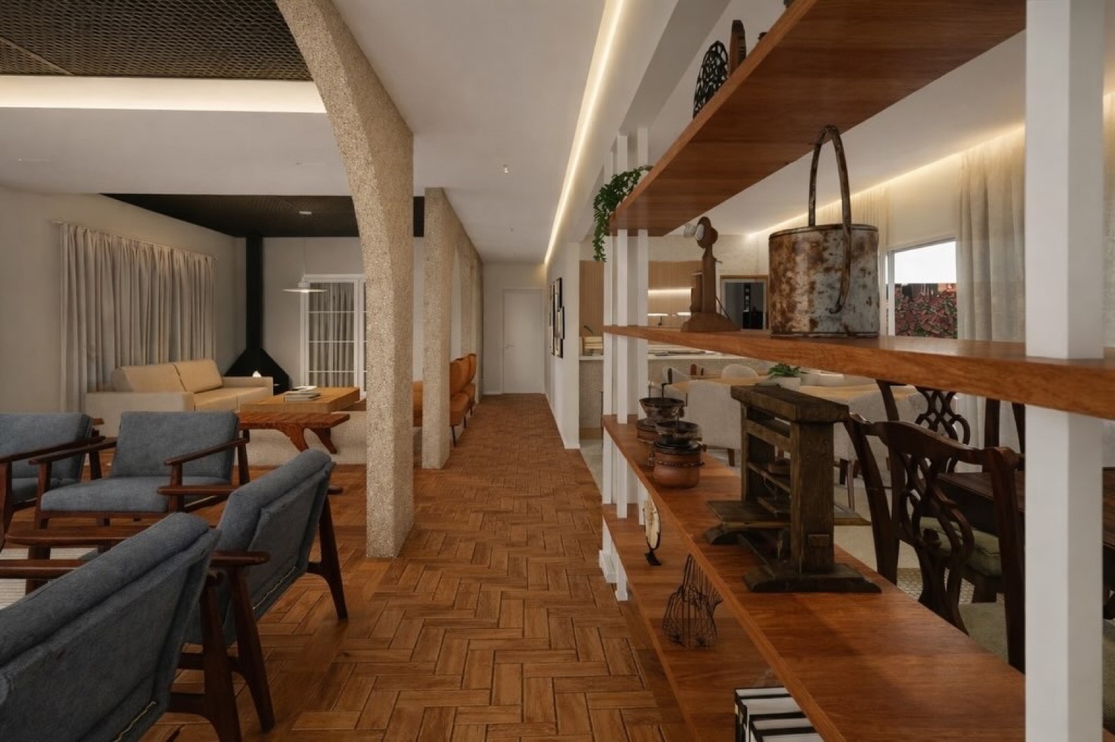 Interior integrado com sala de estar e jantar, marcenaria e iluminação de destaque