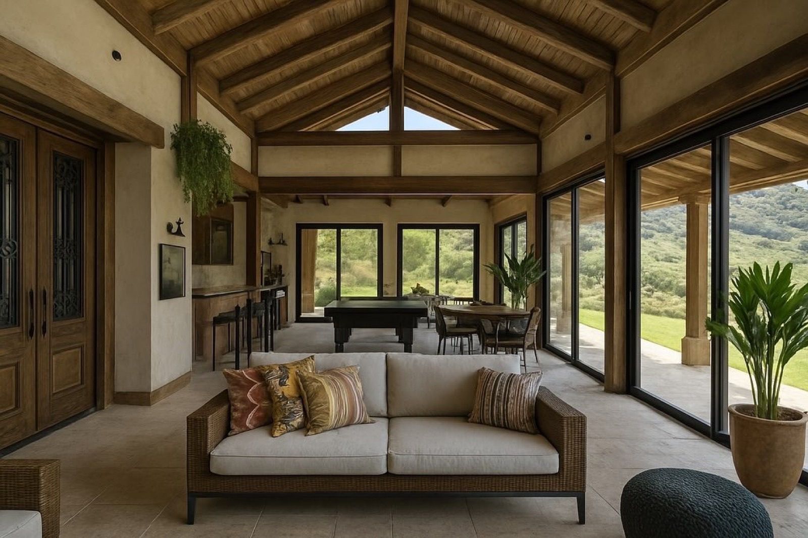 Sala de estar de casa de campo com pé-direito em madeira e amplas aberturas para o verde
