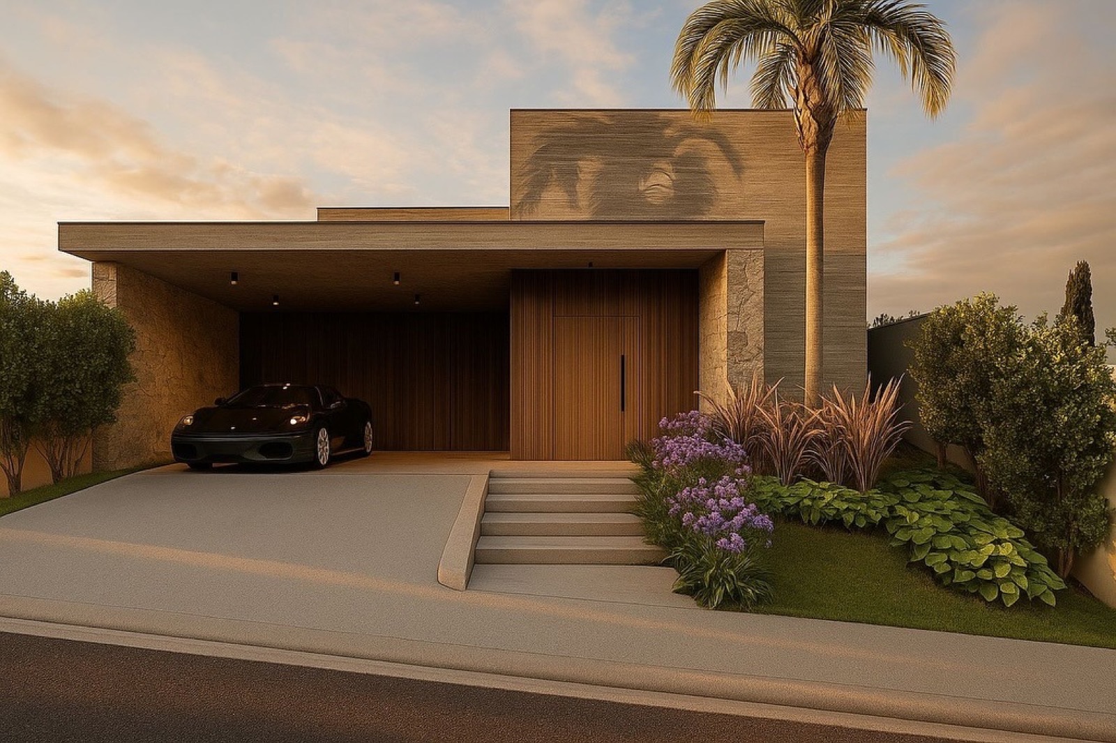 Fachada de residência de alto padrão ao entardecer, com concreto, madeira e iluminação de destaque